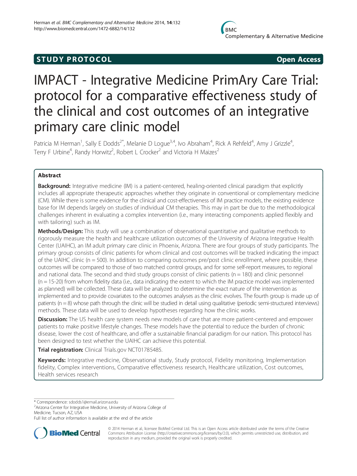 IMPACT – Integrative Medicine PrimAry Care Trial: protocol for a comparative effectiveness study of the clinical and cost outcomes of an integrative primary care clinic model
