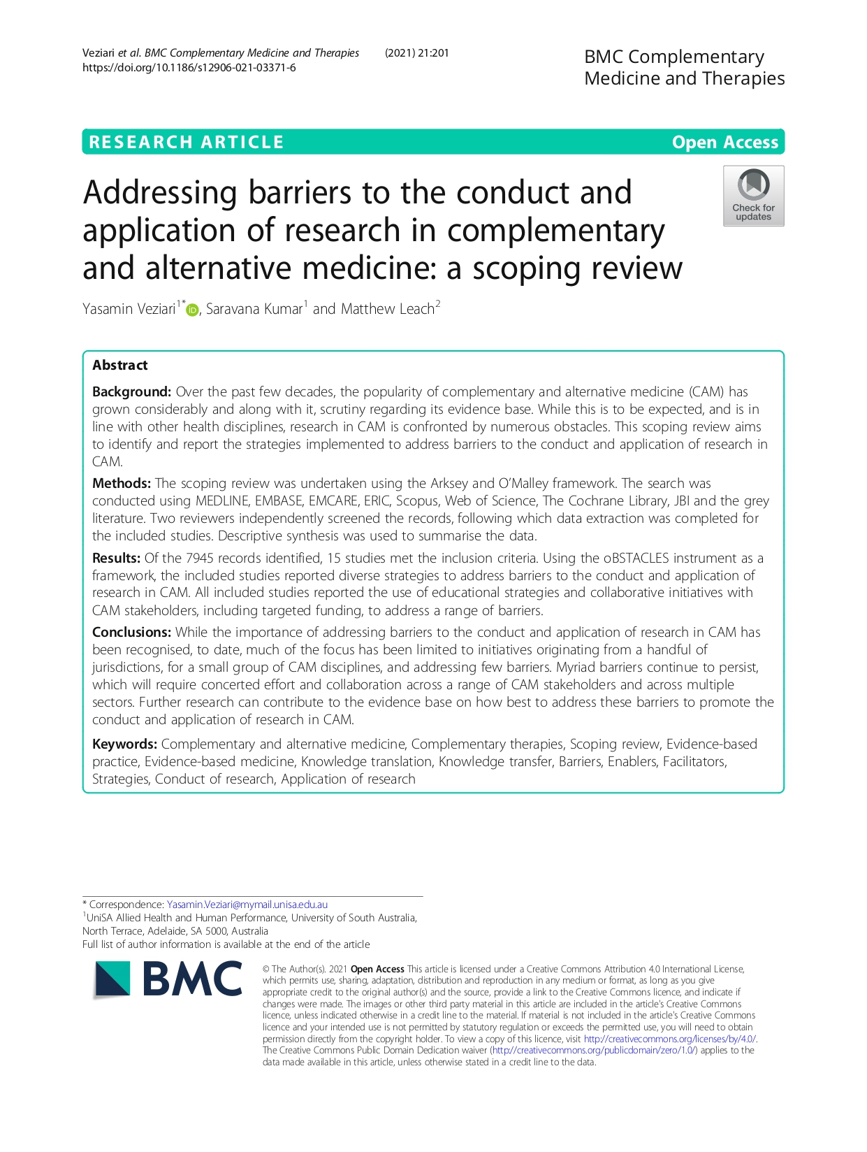Addressing barriers to the conduct and application of research in complementary and alternative medicine: a scoping review