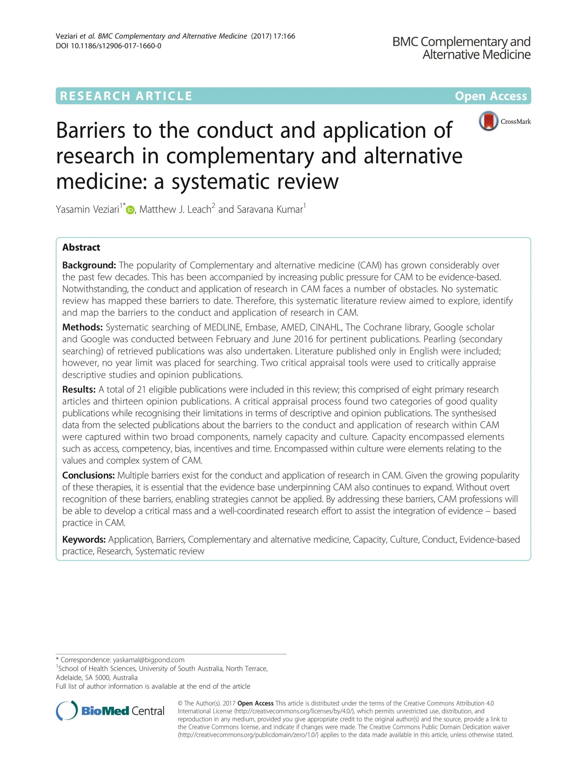 Barriers to the conduct and application of research in complementary and alternative medicine: a systematic review