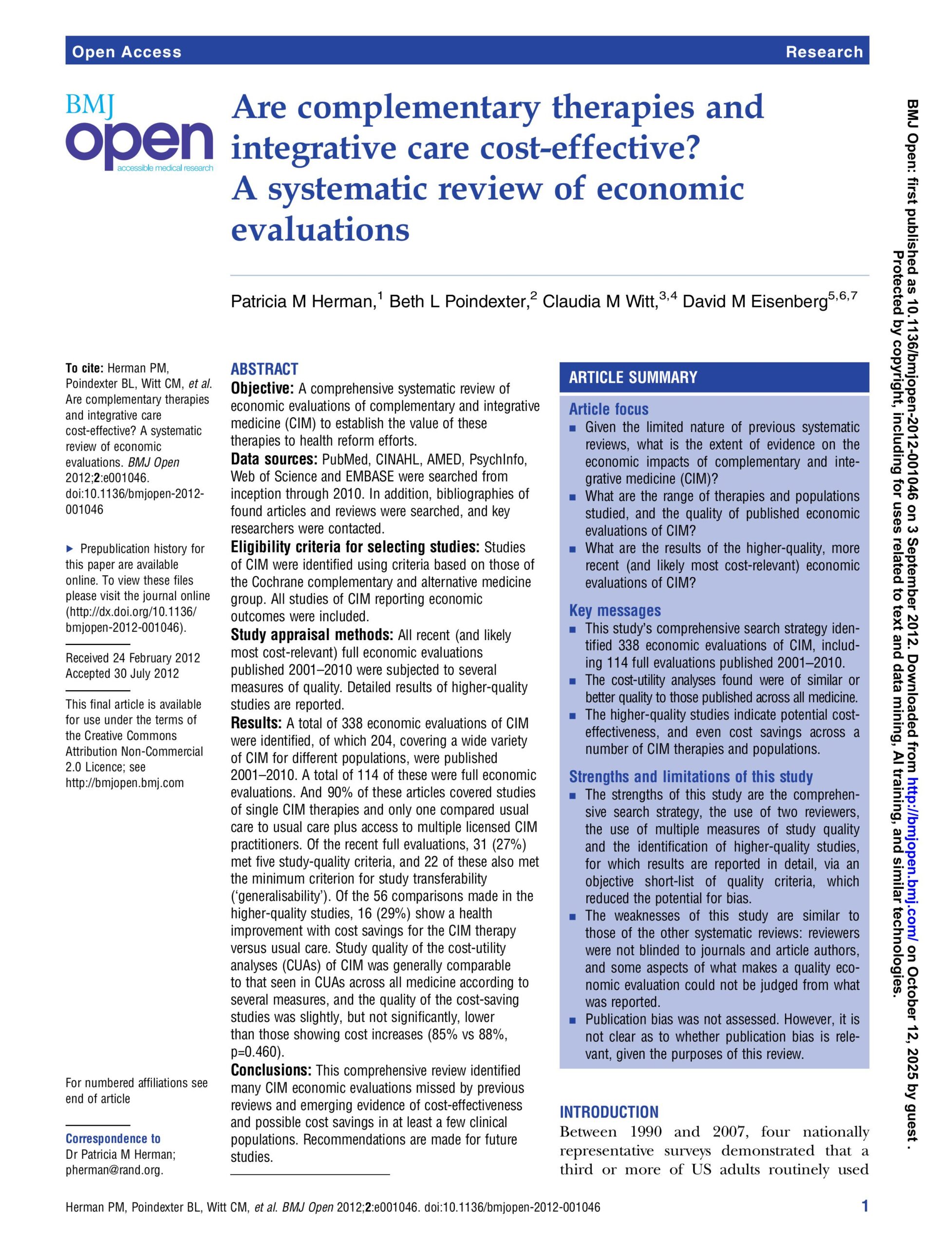Are complementary therapies and integrative care cost-effective? A systematic review of economic evaluations