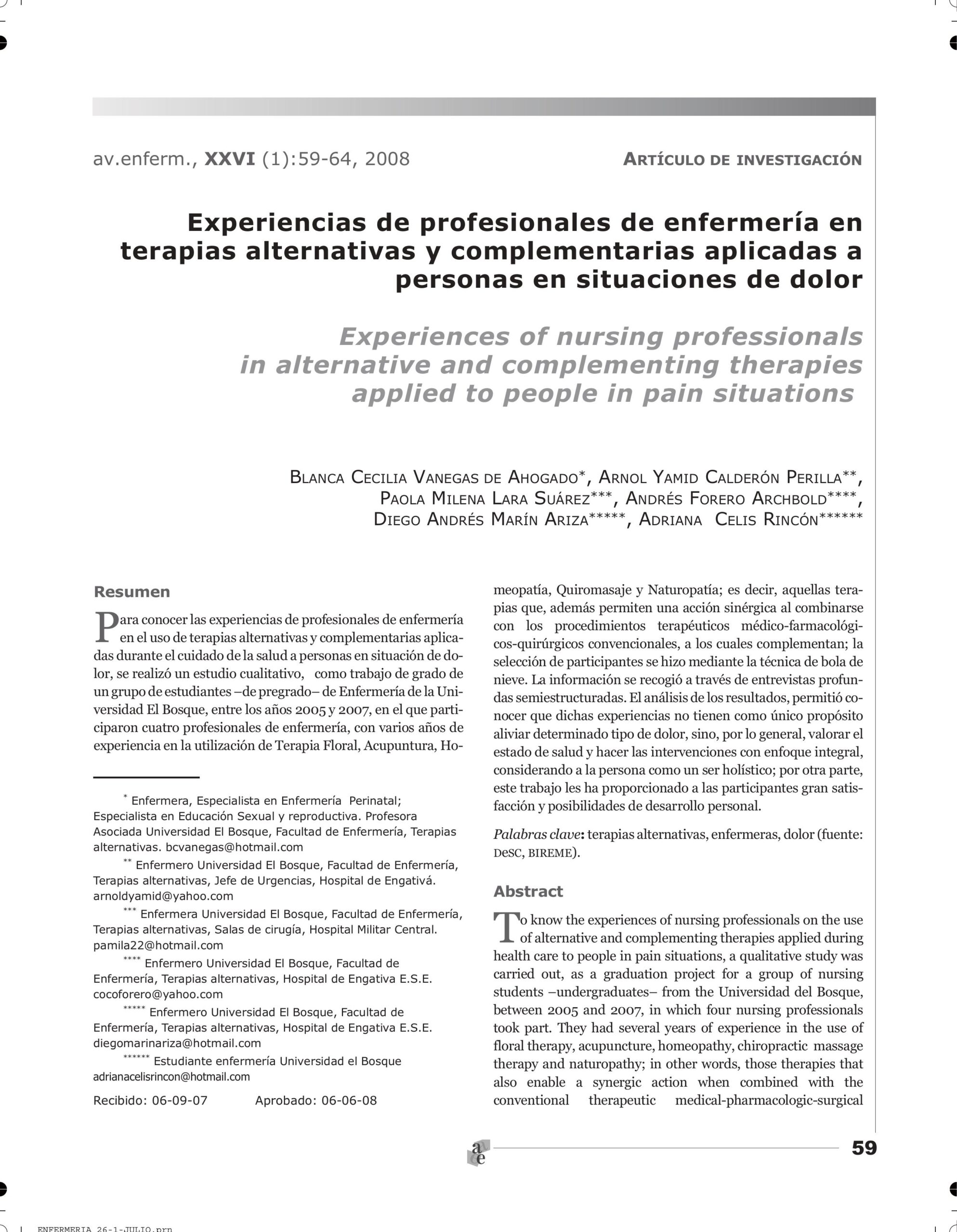 Experiencias de profesionales de enfermería en terapias alternativas y complementarias aplicadas a personas en situaciones de dolor