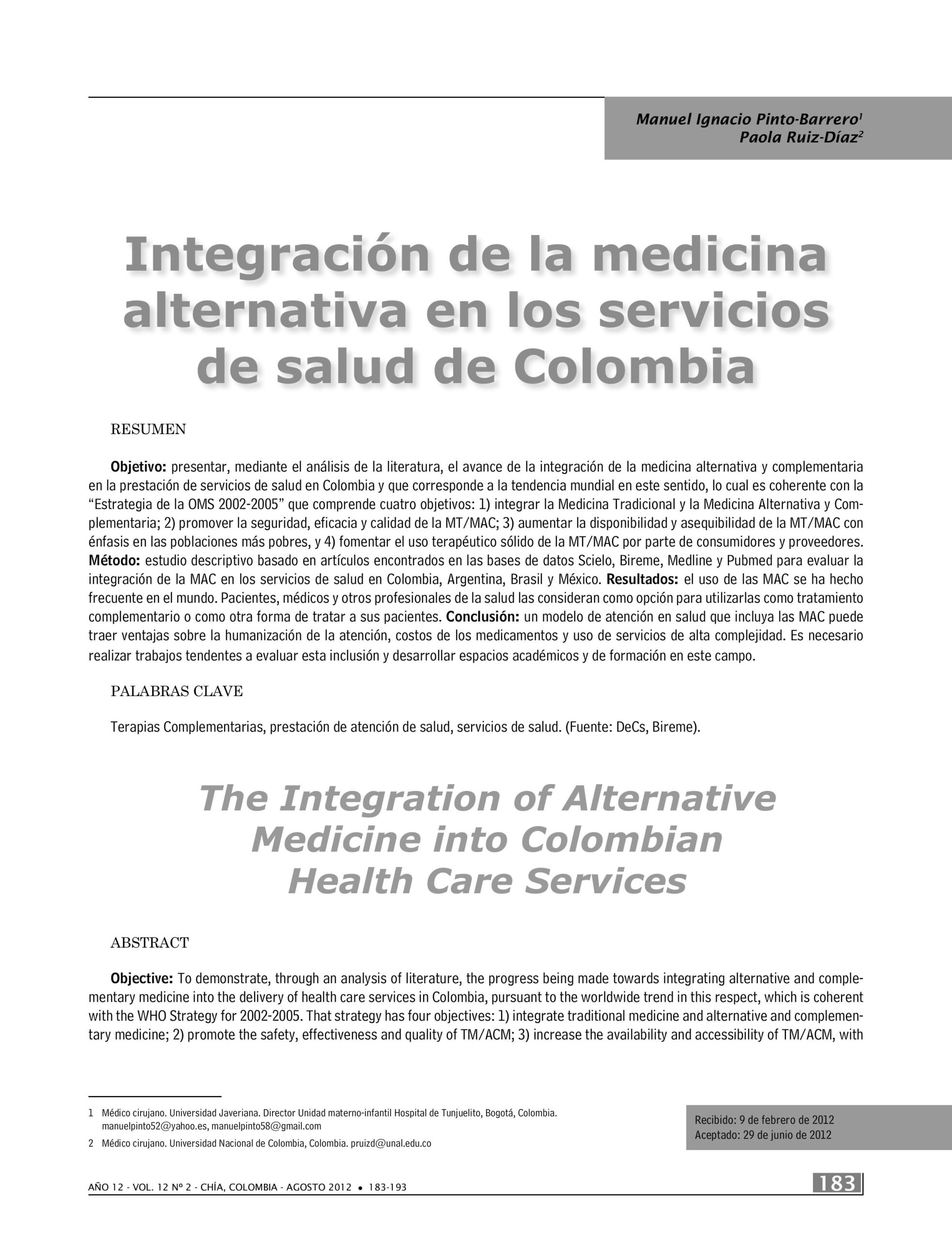 Integración de la medicina alternativa en los servicios de salud de Colombia