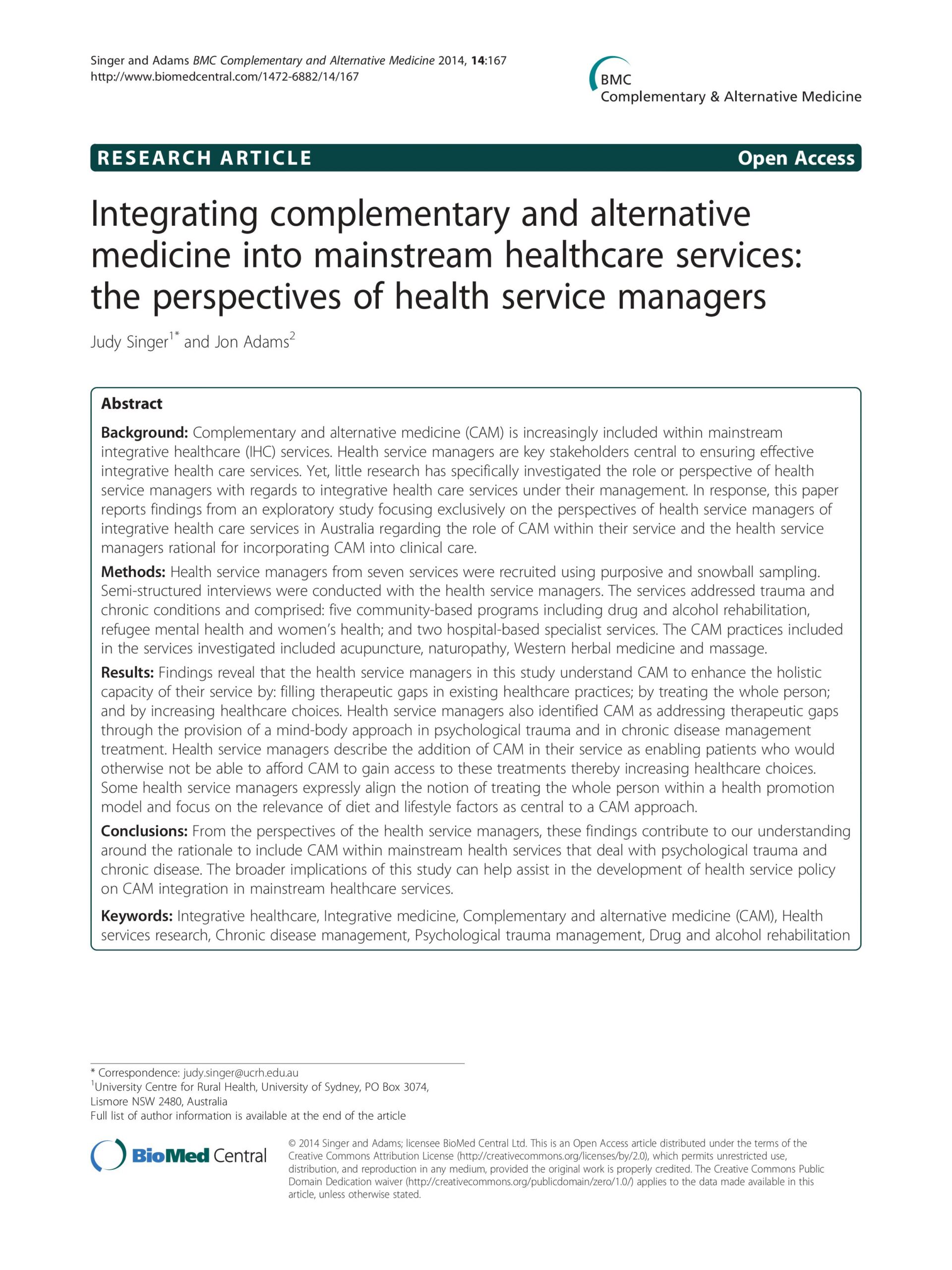 Integrating complementary and alternative medicine into mainstream healthcare services: the perspectives of health service managers