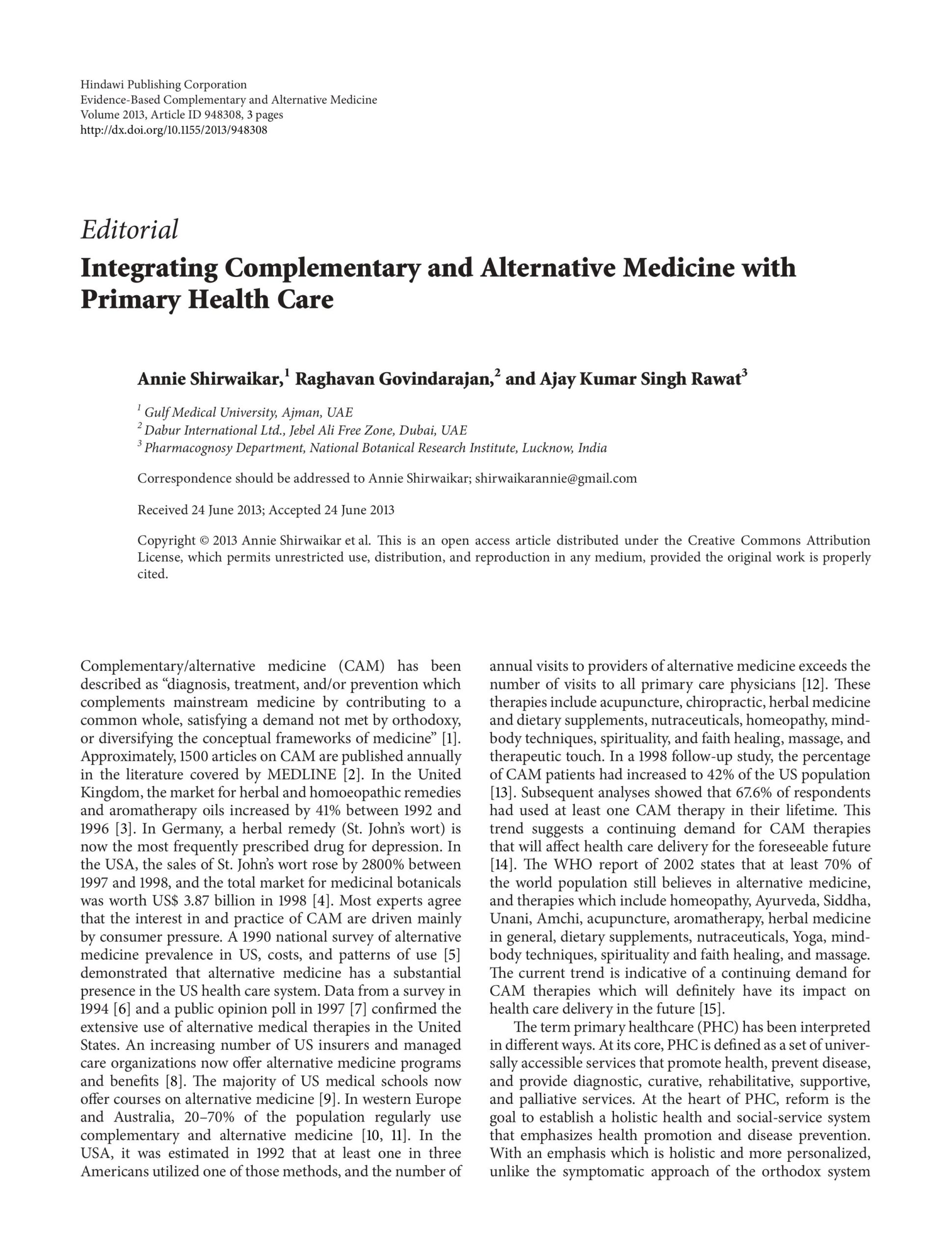 Integrating Complementary and Alternative Medicine with Primary Health Care