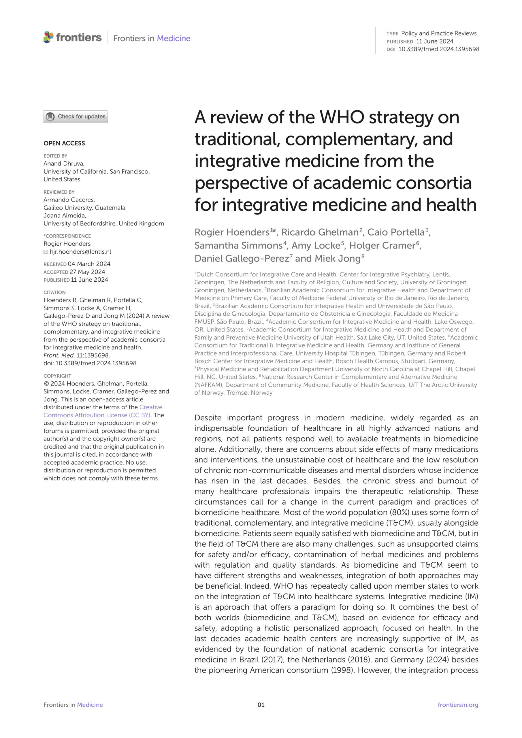 A review of the WHO strategy on traditional, complementary, and integrative medicine from the perspective of academic consortia for integrative medicine and health
