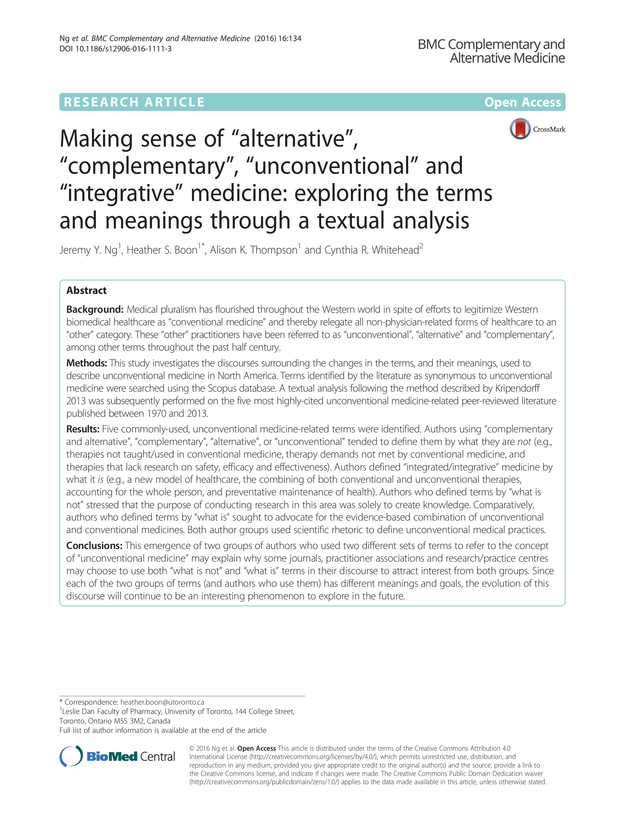 Making sense of “alternative”, “complementary”, “unconventional” and “integrative” medicine: exploring the terms and meanings through a textual analysis