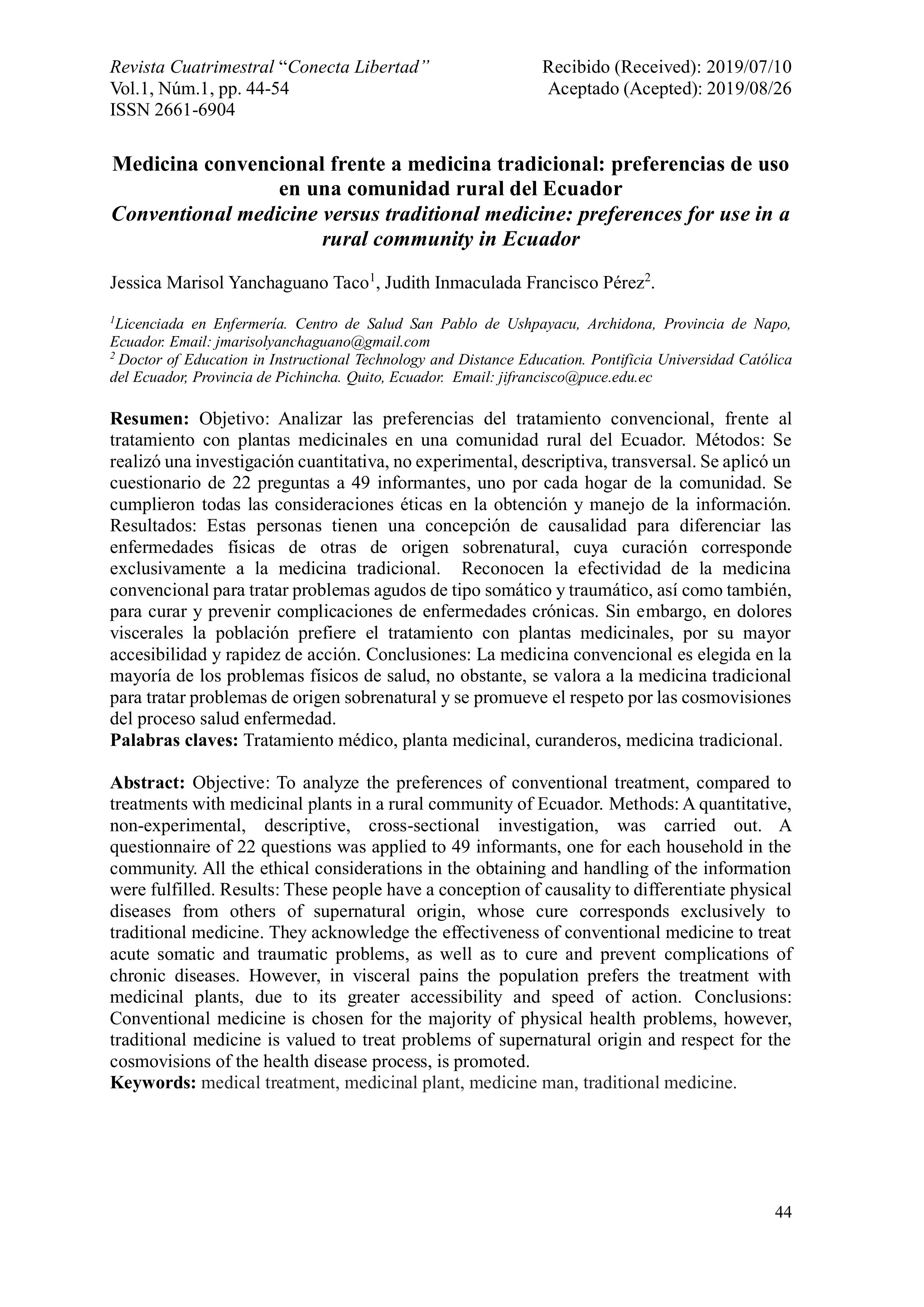 Medicina convencional frente a medicina tradicional: preferencias de uso en una comunidad rural del Ecuador Conventional medicine versus traditional medicine: preferences for use in a rural community in Ecuador