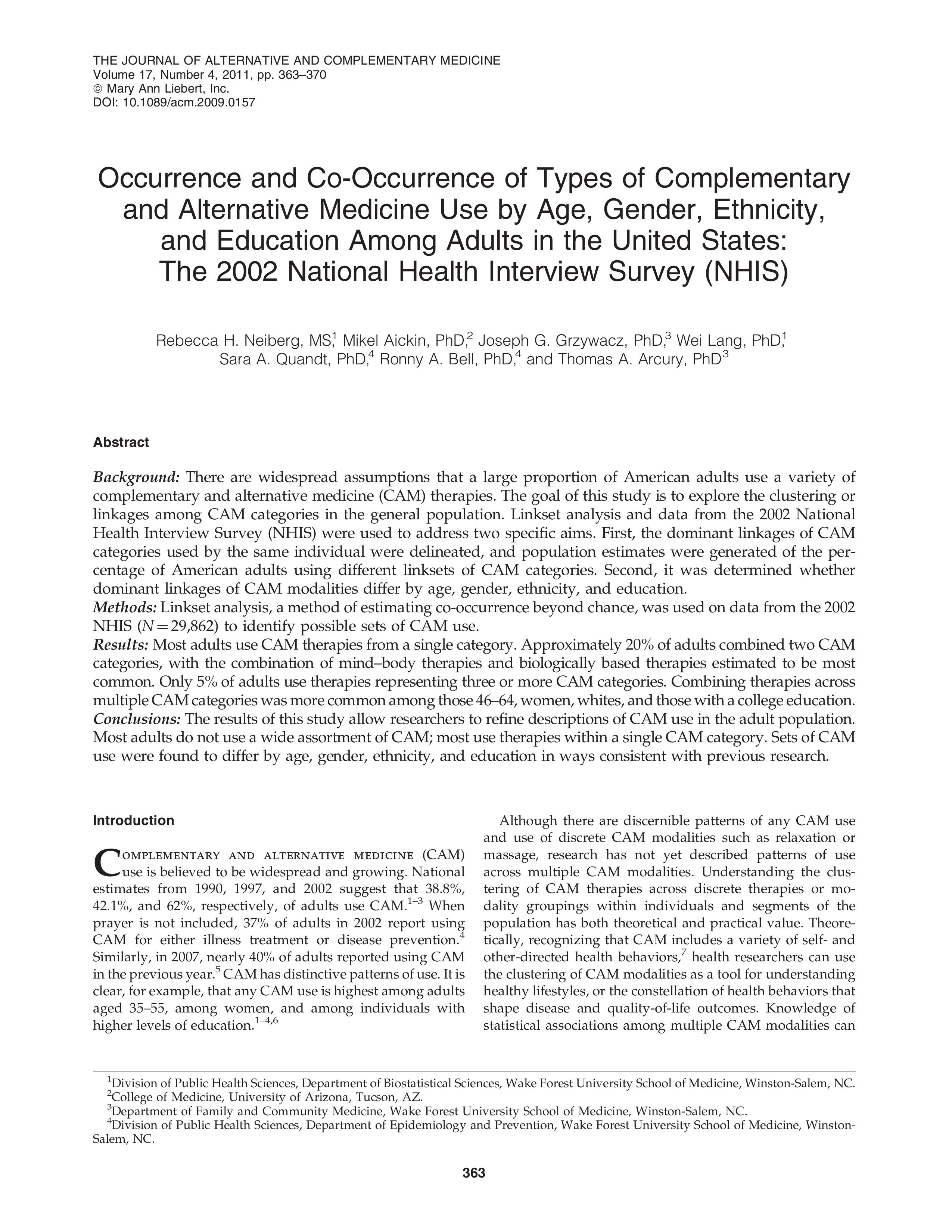 Occurrence and Co-Occurrence of Types of Complementary and Alternative Medicine Use by Age, Gender, Ethnicity, and Education Among Adults in the United States: The 2002 National Health Interview Survey (NHIS)