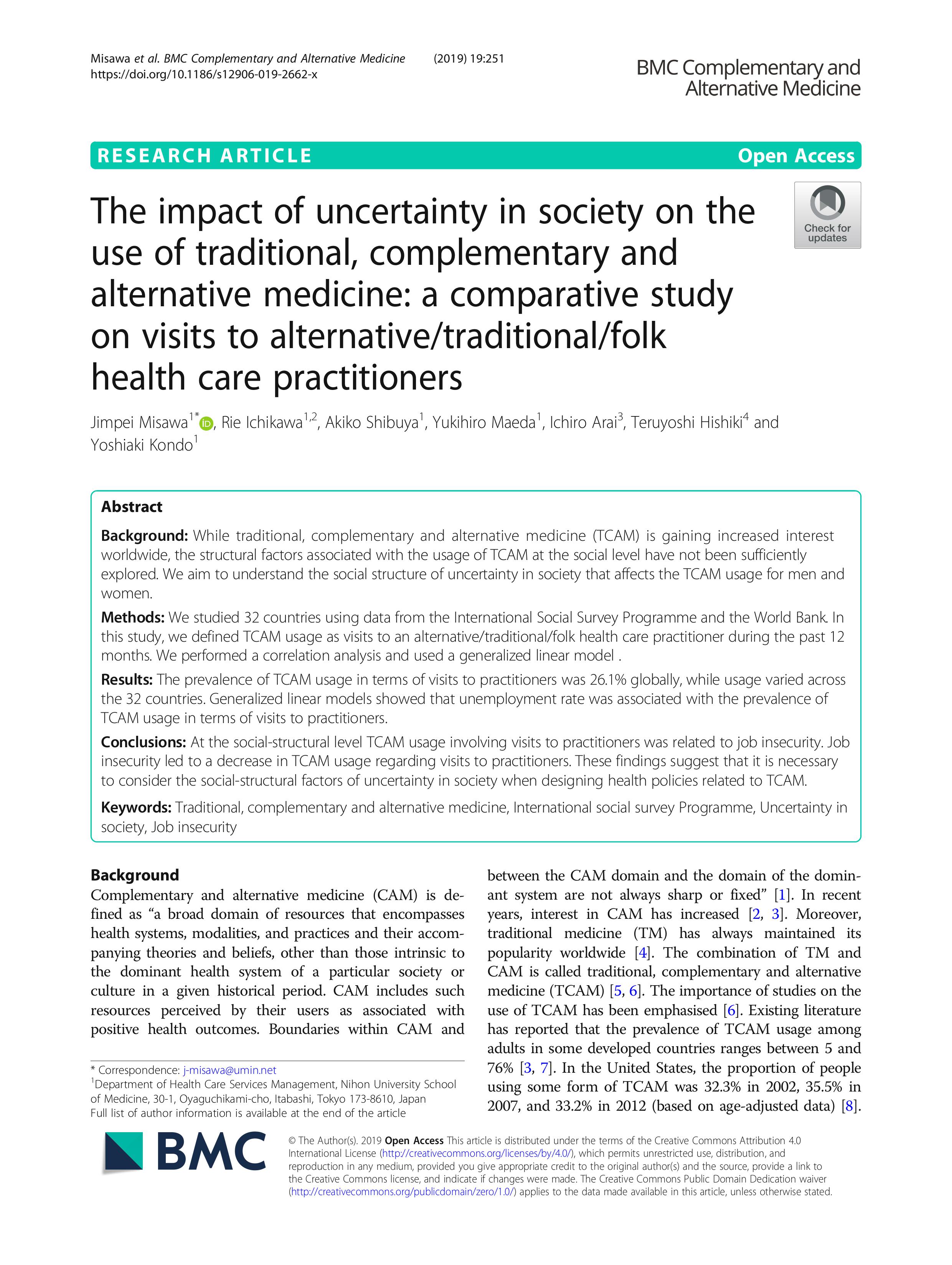 The impact of uncertainty in society on the use of traditional, complementary and alternative medicine: a comparative study on visits to alternative/traditional/folk health care practitioners