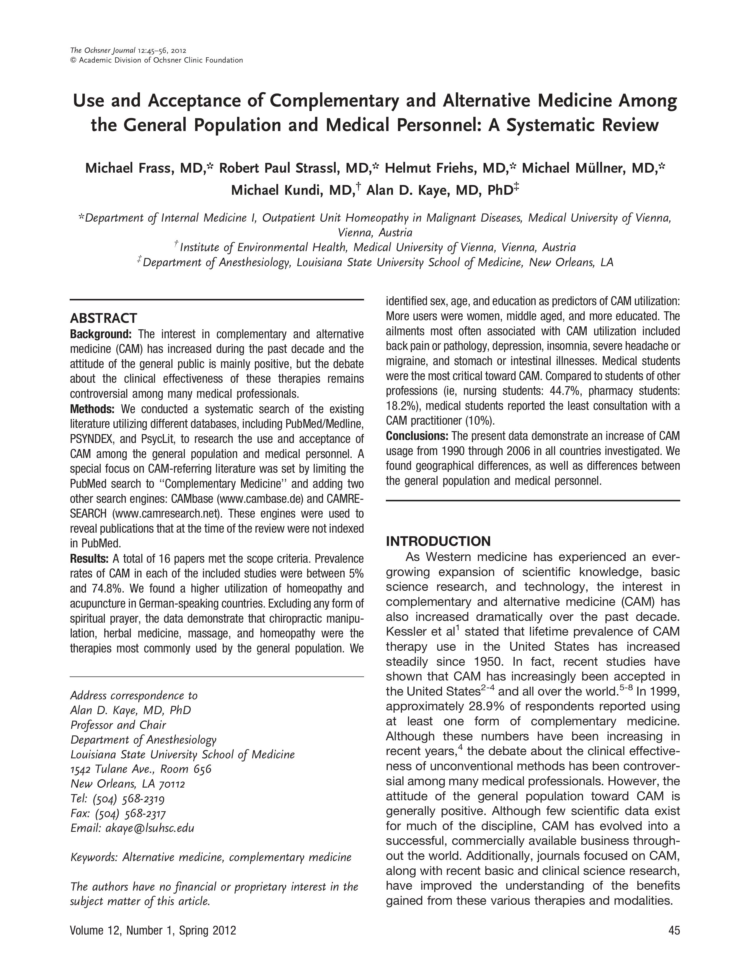Use and Acceptance of Complementary and Alternative Medicine Among the General Population and Medical Personnel: A Systematic Review