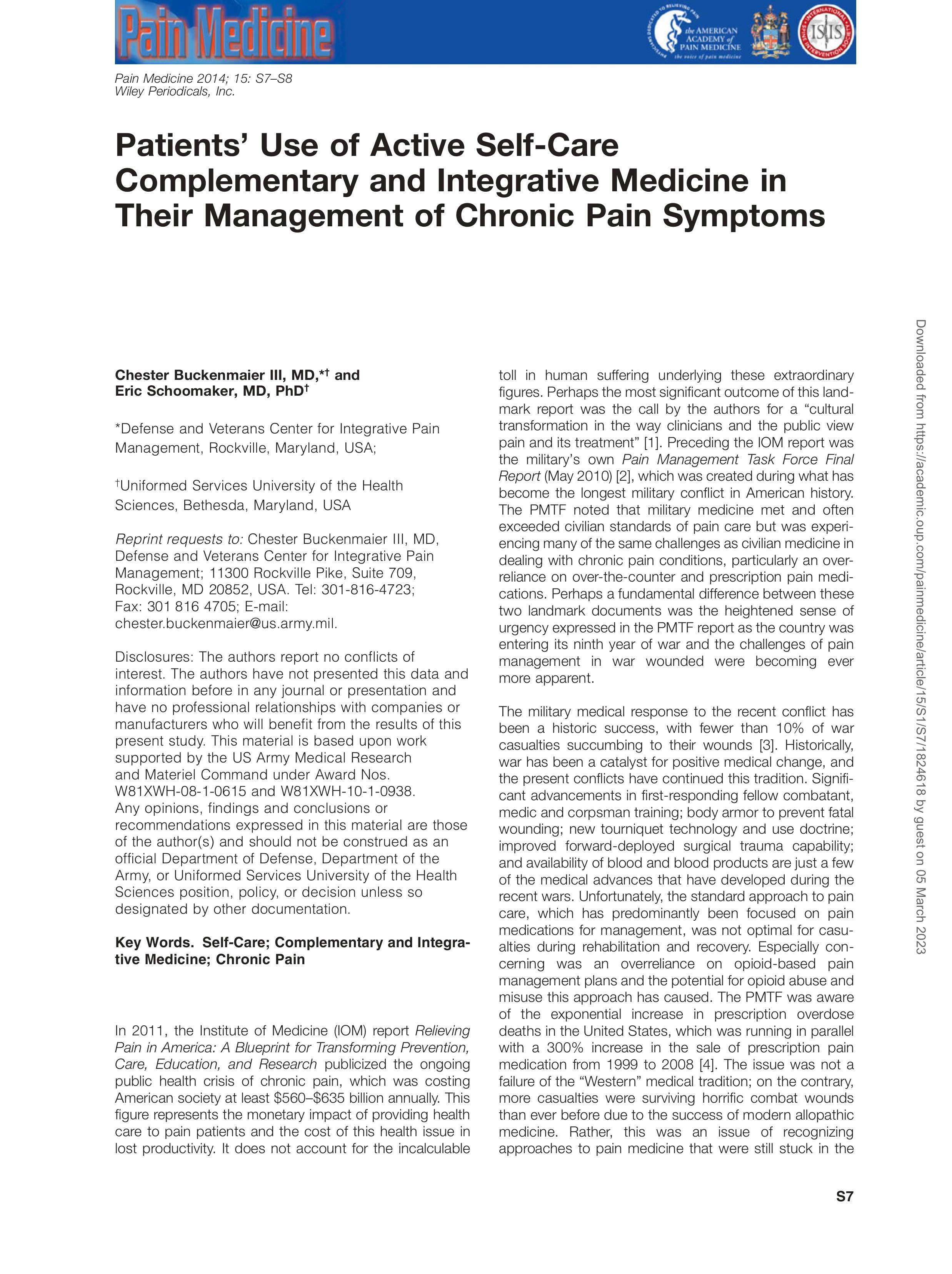 Patients’ Use of Active Self-Care Complementary and Integrative Medicine in Their Management of Chronic Pain Symptoms